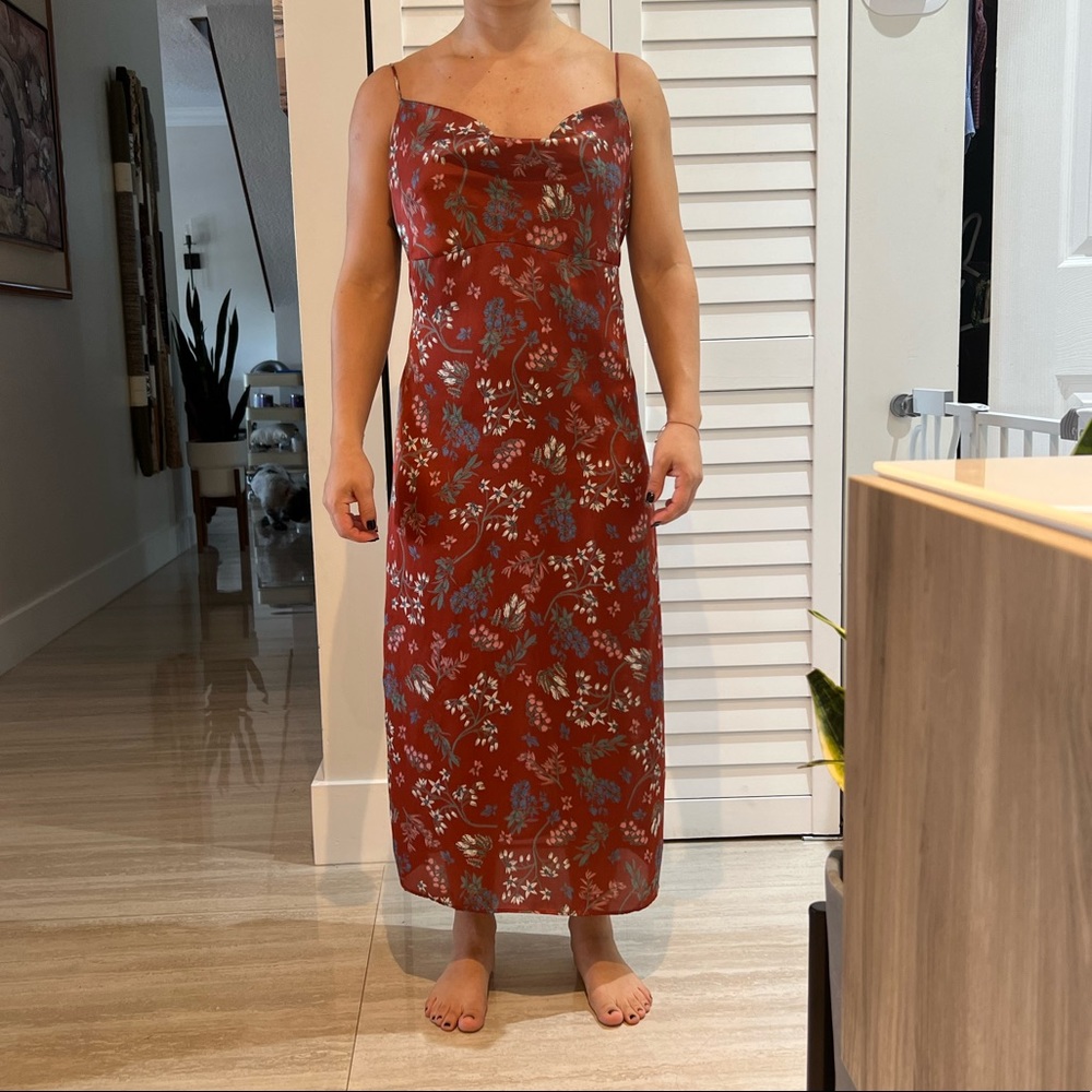 Garnet/red floral midi dress.